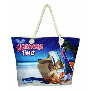 Summertime Zippered Beach Canvas Tote Bag with Matching Pouch & Rope Handles